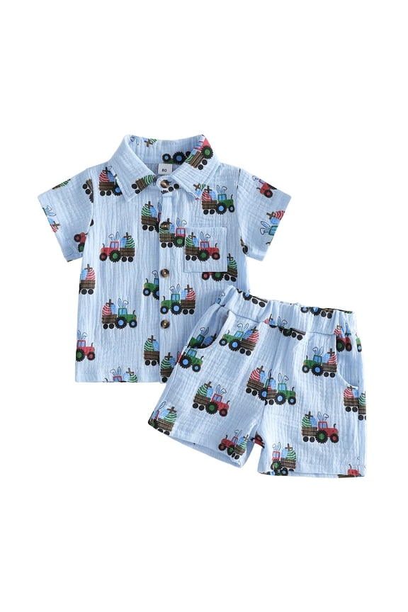 Toddler Baby Boys Easter Outfits Cute Spring Summer Clothes Cotton Rabbit Ears Eggs Truck Print Turn Down Collar Short Sleeve Shirts Shorts Set