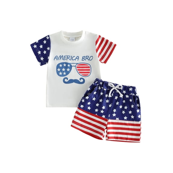 BemeyourBBs Toddler Baby Boys Girls 4th of July Outfit Patriotic Independence Day Baby Summer Clothes Short Sleeve American Bro Letter Sunglasses Print T Shirt Tops Stars Stripe Shorts Set