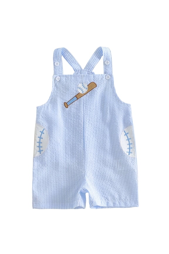 Toddler Baby Boys Girls Baseball Outfit Summer Romper Overalls Shorts Baseball Themed Embroidery Striped Sleeveless Square Neck Jumpsuit
