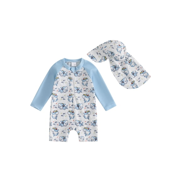 BemeyourBBs Toddler Baby Boys Girls One Piece Swimsuit Infant Boys Bathing Suit Animal Rash Guard Swimsuits Dinosaur Shark Print Long Sleeve Zip Swimwear with Swim Cap Summer Beachwear
