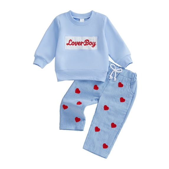 BemeyourBBs Toddler Baby Boys Girls Valentines Day Outfit Fall Winter Spring Clothes Lover Boy Embroidery Long Sleeve Pullover Crewneck Sweatshirt Heart Plaid Pants Cute 2Pcs Clothing Set