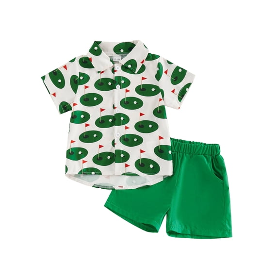 BemeyourBBs Toddler Baby Boys Golf Outfit Cute Infant Boy Summer Clothes Lapel Short Sleeve Button Down Golf Court Print Shirt and Solid Color Pockets Shorts Set