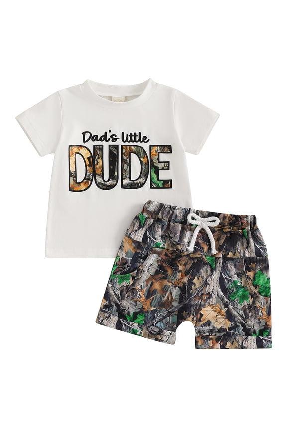 Toddler Baby Boys Hunting Clothes Daddy's Little Dude Outfit Short Sleeve Letters Print T-shirt with Leaves Print Shorts Toddler Boys Summer Outfit