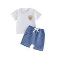 thumbnail image 1 of BemeyourBBs Toddler Baby Boys Mama's Boy Outfit Infant Baby Boy Summer Clothes Short Sleeve Embroidery Bear T-shirt with Elastic Waist Shorts Set Toddler Summer Outfit, 1 of 9