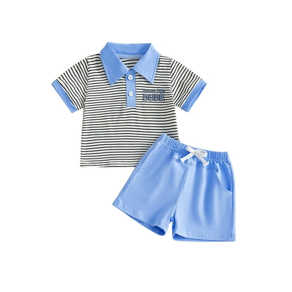 BemeyourBBs Toddler Baby Boys Mama's Little Dude Outfit Summer Clothes Short Sleeve Lapel Letter Embroidery Striped Button Shirt Tops and Pockets Shorts Set