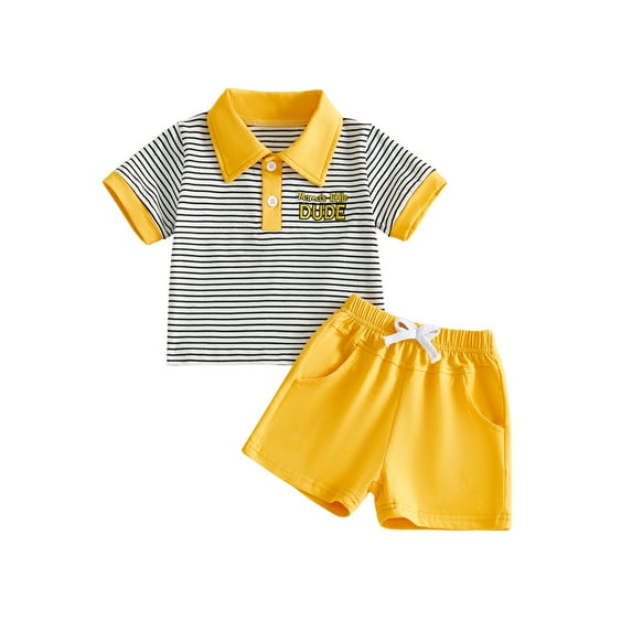 BemeyourBBs Toddler Baby Boys Mama's Little Dude Outfit Summer Clothes Short Sleeve Lapel Letter Embroidery Striped Button Shirt Tops and Pockets Shorts Set