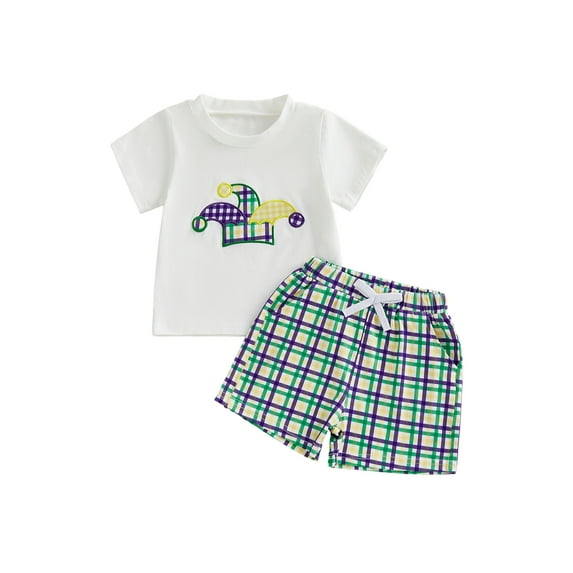 BemeyourBBs Toddler Baby Boys Mardi Gras Outfit Cute Infant Summer Clothes Clown Hat Embroidery Short Sleeve T Shirt Tops with Shorts 2Pcs Clothing Set