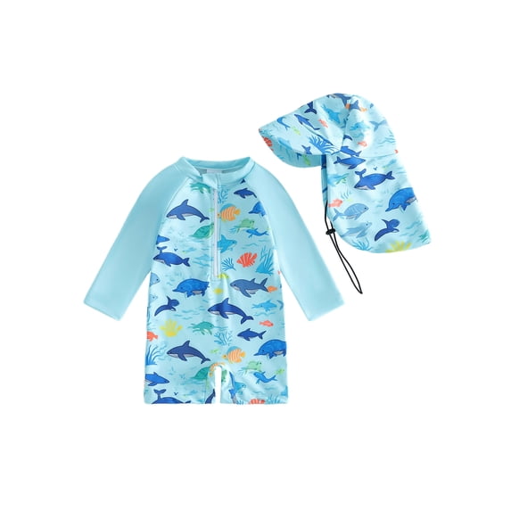 BemeyourBBs Toddler Baby Boys One Piece Swimsuit Rash Guard Set Infant Boys Bathing Suit Shark Turtle Print Long Sleeve Mock Neck Zipper Swimwear with Sun Hat 2 Pcs Summer Beachwear