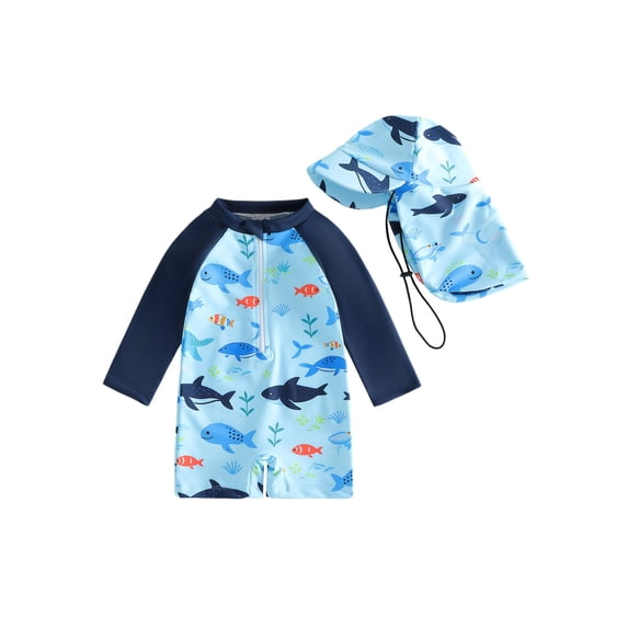 BemeyourBBs Toddler Baby Boys One Piece Swimsuit Rash Guard Set Infant Boys Bathing Suit Shark Turtle Print Long Sleeve Mock Neck Zipper Swimwear with Sun Hat 2 Pcs Summer Beachwear