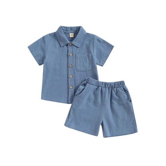 BemeyourBBs Toddler Baby Boys Summer Clothes Cotton Linen Outfit Short Sleeve Button Down Shirt Tops with Elastic Waist Pockets Shorts Set