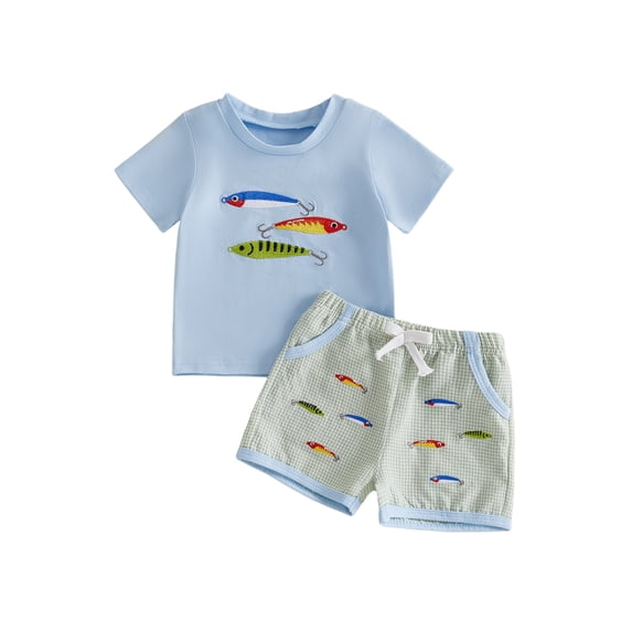 BemeyourBBs Toddler Baby Boys Summer Clothes Cute Infant Baby Boy Fishing Outfit Short Sleeve Fish Embroidery T Shirt Tops and Plaid Drawstring Pockets Shorts Set