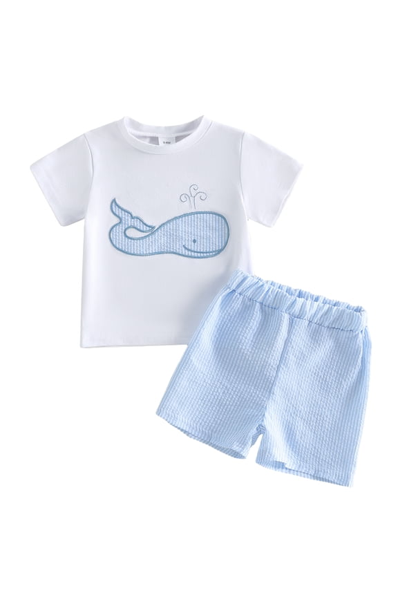Toddler Baby Boys Summer Clothes Cute Infant Boy 2 Piece Outfits Whale Embroidery Short Sleeve T-Shirts Elastic Waist Stripe Shorts Set