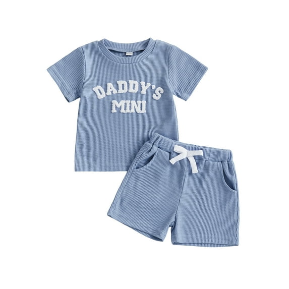 BemeyourBBs Toddler Baby Boys Summer Clothes Daddy's Mini Outfits Letter Embroidery Waffle Knit Short Sleeve Round Neck T shirt Tops and Shorts Set