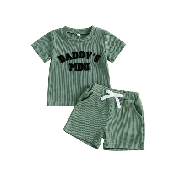 BemeyourBBs Toddler Baby Boys Summer Clothes Daddy's Mini Outfits Letter Embroidery Waffle Knit Short Sleeve Round Neck T shirt Tops and Shorts Set