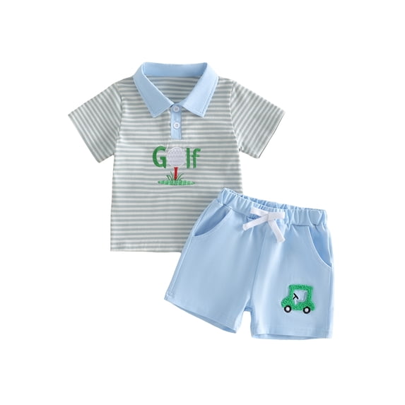BemeyourBBs Toddler Baby Boys Summer Clothes Golf Outfits Golf Letter Embroidery Striped Short Sleeve Button Down Collar Shirt Tops and Pockets Shorts Set