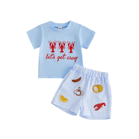 BemeyourBBs Toddler Baby Boys Summer Clothes Infant Baby Boy Crayfish Outfits Lobster Letter Embroidery Short Sleeve T-Shirts Elastic Waist Stripe Shorts Set Toddler Boys Summer Outfit