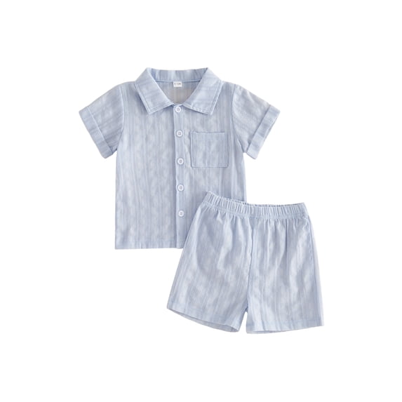 BemeyourBBs Toddler Baby Boys Summer Clothes Infant Baby Boys 2 Piece Summer Outfit Solid Color Eyelet Lapel Short Sleeve Button Down Shirt Top and Shorts 2Pcs Set