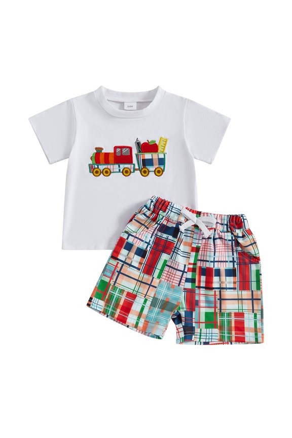 Toddler Baby Boys Summer Clothes Kids Baby Boy Back to School Outfits Apple Stationery in Train Embroidery Short Sleeves T-Shirt and Elastic Plaid Shorts Set