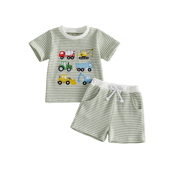 BemeyourBBs Toddler Baby Boys Summer Clothes Waffle Knit 2 Piece Outfits Excavator Truck Vehicles Embroidery Short Sleeve T Shirt Tops and Pockets Shorts Set