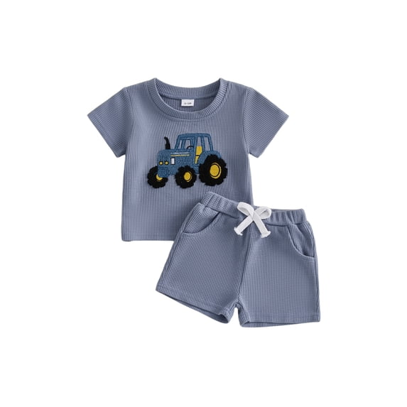 BemeyourBBs Toddler Baby Boys Summer Clothes Waffle Knit 2 Pieces Outfits Cute Tractor Embroidery Short Sleeve T Shirt Tops and Pockets Shorts Set