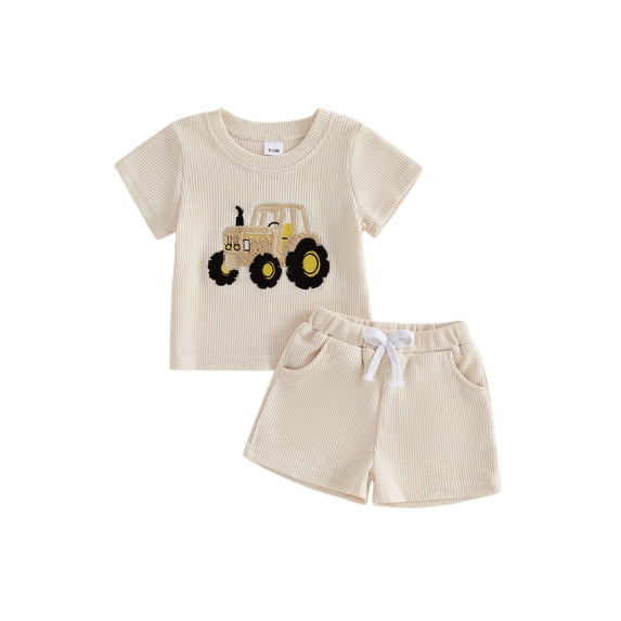 BemeyourBBs Toddler Baby Boys Summer Clothes Waffle Knit 2 Pieces Outfits Cute Tractor Embroidery Short Sleeve T Shirt Tops and Pockets Shorts Set