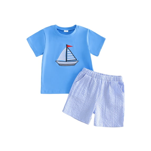BemeyourBBs Toddler Baby Boys Summer Outfits Infant Baby Boy Beach Holiday Clothes 2T 3T 4T Sailboat Embroidery Short Sleeves T-Shirt and Pockets Striped Shorts Set