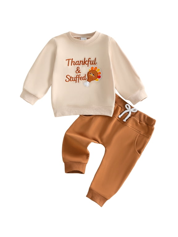 Toddler Baby Boys Thanksgiving Outfit Newborn Baby Boy Fall Winter Clothes Infant Long Sleeve Letter Turkey Embroidery Sweatshirt Tops and Drawstring Jogger Pants Set