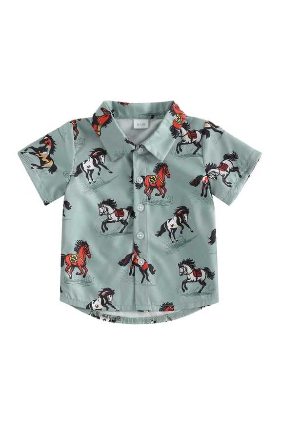 Toddler Baby Boys Western Cowboy Outfits Shirts Short Sleeve Horse/Boots Print Button Down Shirts Cute Summer Shirt Tops Clothes