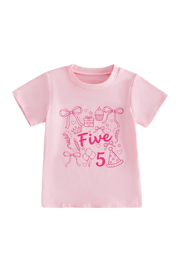 Toddler Baby Girl 1st 2nd 3rd 4th 5th 6th Birthday T Shirts 1 2 3 4 5 6 Years Old Birthday T Shirt Cake Bow Ballon Numbers Summer Short Sleeve Birthday Shirt Pullover Tee Shirts Tops