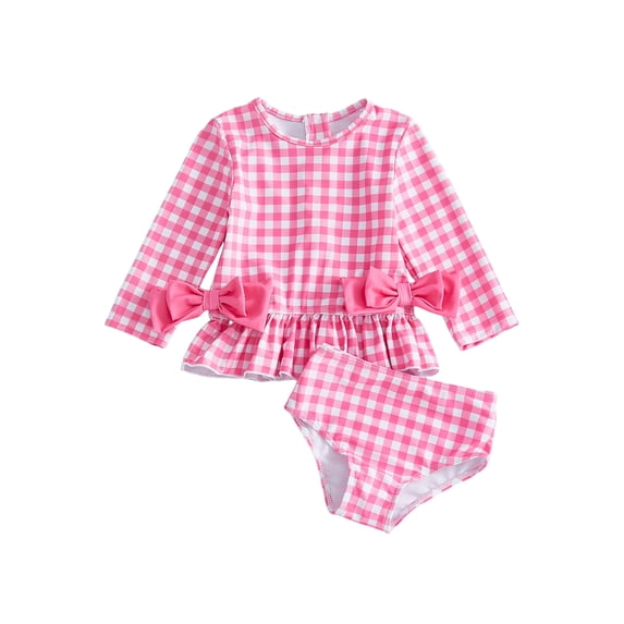 BemeyourBBs Toddler Baby Girl 2 Piece Plaid Swimsuit Infant Girls Bathing Suit Long Sleeve Rash Guard Plaid Long Sleeve Front Bow Back Zipper Tops and Shorts Set Summer Pool Beachwear