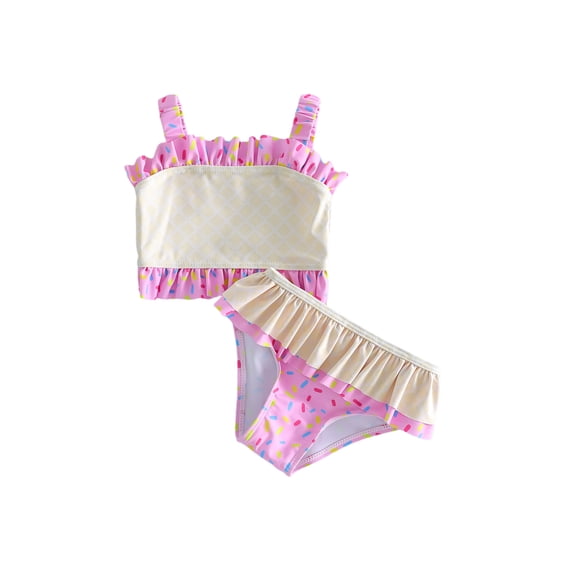BemeyourBBs Toddler Baby Girl 2 Piece Swimsuit Bikini Set Infant Girls Bathing Suit Watermenlon Print Sleeveless Ruffled Swim Tops and Thongs Set Summer Pool Beachwear