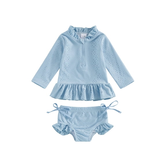 BemeyourBBs Toddler Baby Girl 2 Piece Swimsuit Set Infant Girls Bathing Suit Long Sleeve Rash Guard Swimwear Frill Mock Neck Eyelet Hollow Out Zipper Swiming Tops Bottoms Bikini Set Summer Beachwear