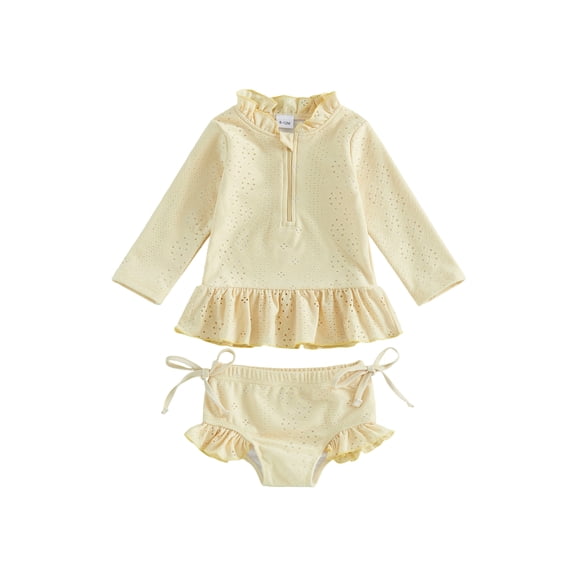 BemeyourBBs Toddler Baby Girl 2 Piece Swimsuit Set Infant Girls Bathing Suit Long Sleeve Rash Guard Swimwear Frill Mock Neck Eyelet Hollow Out Zipper Swiming Tops Bottoms Bikini Set Summer Beachwear