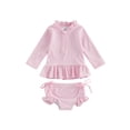 thumbnail image 1 of BemeyourBBs Toddler Baby Girl 2 Piece Swimsuit Set Infant Girls Bathing Suit Long Sleeve Rash Guard Swimwear Frill Mock Neck Eyelet Hollow Out Zipper Swiming Tops Bottoms Bikini Set Summer Beachwear, 1 of 8