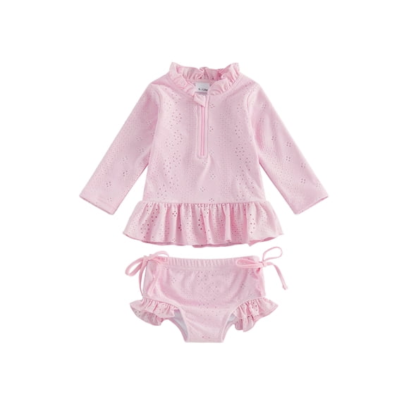 BemeyourBBs Toddler Baby Girl 2 Piece Swimsuit Set Infant Girls Bathing Suit Long Sleeve Rash Guard Swimwear Frill Mock Neck Eyelet Hollow Out Zipper Swiming Tops Bottoms Bikini Set Summer Beachwear