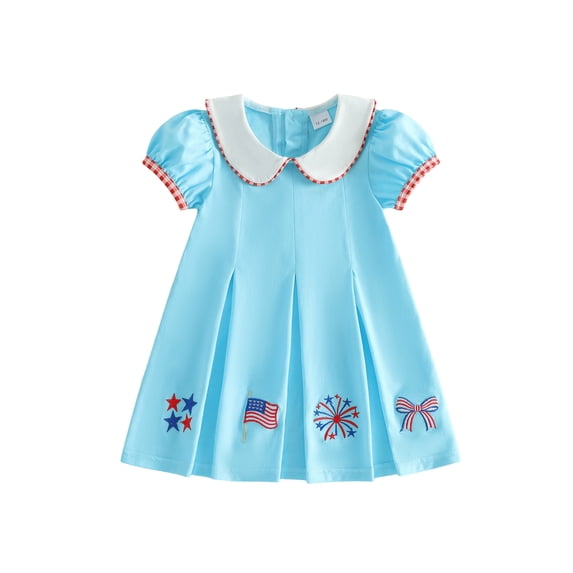 BemeyourBBs Toddler Baby Girl 4th of July Dress Fourth of July Outfit Baby Girl Patriot Independence Day Dress Puff Short Sleeve Doll Collar America Flag Firework Embroidery Summer Pleated Dress