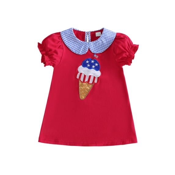 BemeyourBBs Toddler Baby Girl 4th of July Dress Fourth of July Outfit Baby Girls Patriot Independent Day Summer Dress Ice Cream Bow Embroidered Plaid Doll Collar Short Sleeve A-line Dresses