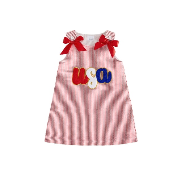 BemeyourBBs Toddler Baby Girl 4th of July Dress Fourth of July Outfit Patriot Independent Day Clothes Baby Girl Summer Tank Dress USA Letter Embroidery Stripe Bow Decor Sleeveless A Line Dress