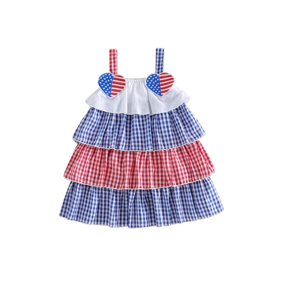 BemeyourBBs Toddler Baby Girl 4th of July Dress Little Baby Girl Patriot Independence Day Summer Dress Casual Red White Blue Plaid I Love USA Tiered Dress Beach Party Holiday Derss Clothes