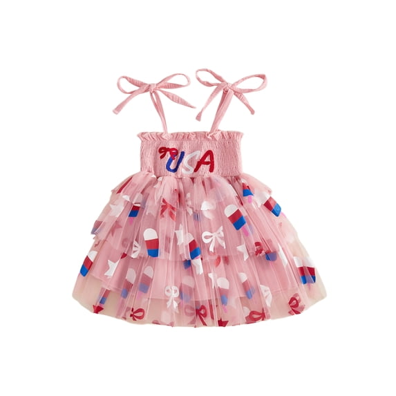 BemeyourBBs Toddler Baby Girl 4th of July Dress Outfit Little Girl Summer Smocked Tulle Tutu Dress Patriot Independent Day Clothes Star Bow Popsicle Tie Shoulder A-line Layered Causal Holiday Dress