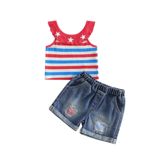 BemeyourBBs Toddler Baby Girl 4th of July Outfit Baby Girl Denim Summer Outfit Patriot Independence Day Clothes Sleeveless Star Striped Print Ribbed Tank Tops and Ripped Jeans Denim Shorts Set
