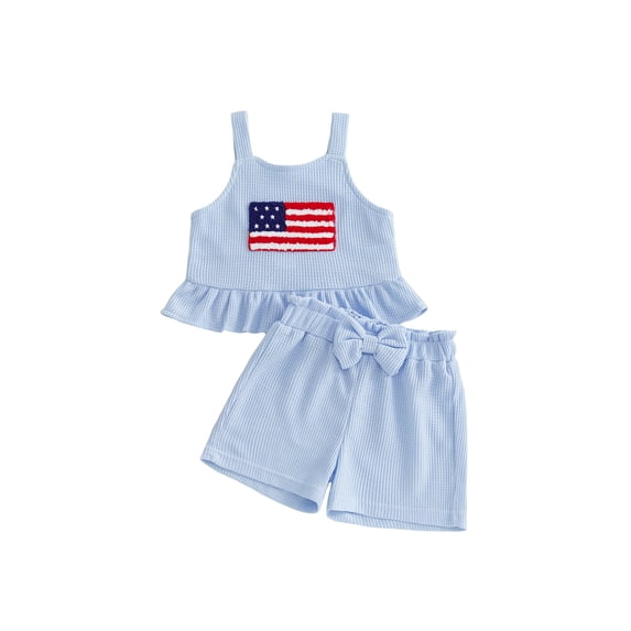 BemeyourBBs Toddler Baby Girl 4th of July Outfit Independent Day Baby Girls Summer Clothes Patriot Flag Sleeveless Ruffled Tank Vest and Front Bow Shorts Set Baby Girl Fourth of July Outfit