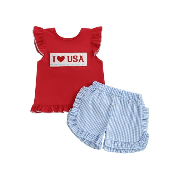 BemeyourBBs Toddler Baby Girl 4th of July Outfit Patriot Fourth of July Summer Independence Day Clothes American Flag Heart Embroidered Backless Flying Sleeve T shirt Tops Plaid Ruffle Shorts Set