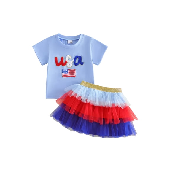 BemeyourBBs Toddler Baby Girl 4th of July Outfit Patriot Independent Day Summer Clothes Cute American Flag Short Sleeve T-shirt and Contrast Layered Tulle Tutu Skirts Set