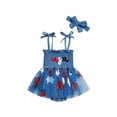 thumbnail image 1 of BemeyourBBs Toddler Baby Girl 4th Of July Outfit Summer Smocked Romper Dress Patriotic Clothes Letter Embroidery Star Print Sleeveless Tie Strap Jumpsuit Playsuit Tutu Dress with Headband, 1 of 9