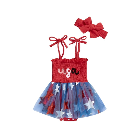 BemeyourBBs Toddler Baby Girl 4th Of July Outfit Summer Smocked Romper Dress Patriotic Clothes Letter Embroidery Star Print Sleeveless Tie Strap Jumpsuit Playsuit Tutu Dress with Headband
