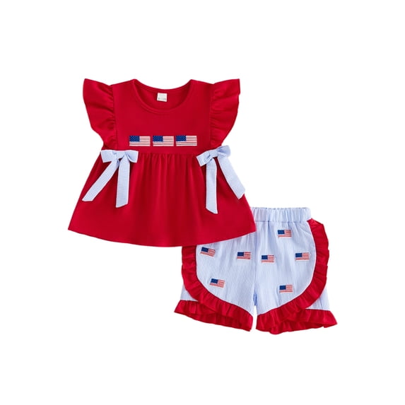 BemeyourBBs Toddler Baby Girl 4th of July Outfits Patriot Independent Day Clothes Ruffle Sleeve Flag Embroidery Bow Shirt Tops and Shorts Set Fourth of July Toddler Girl Summer Outfit