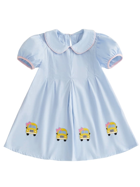 Toddler Baby Girl Back to School Dress Kids Kindergarten Outfits Little Baby Girl Summer Pleated Dress School Bus Embroidery Doll Collar Puff Short Sleeves A Line Dress