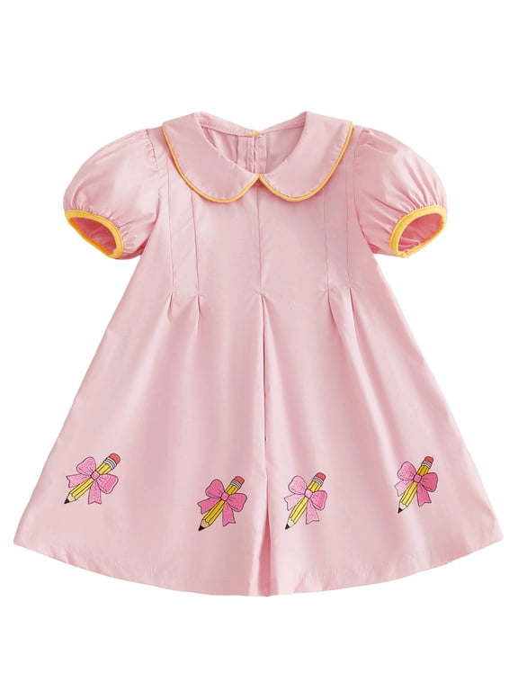 Toddler Baby Girl Back to School Dress Kids Kindergarten Outfits Little Baby Girl Summer Pleated Dress School Bus Embroidery Doll Collar Puff Short Sleeves A Line Dress