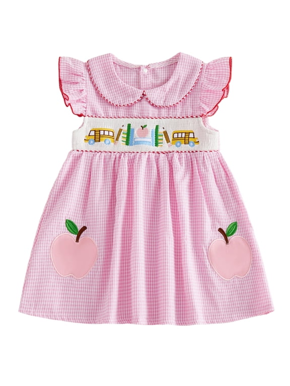 Toddler Baby Girl Back To School Dress Kindergarten Outfits Baby Girls First Day of School Outfit Summer Plaid Dress Apple Book Embroidered Flutter Sleeve Doll Collar Smocked Dress